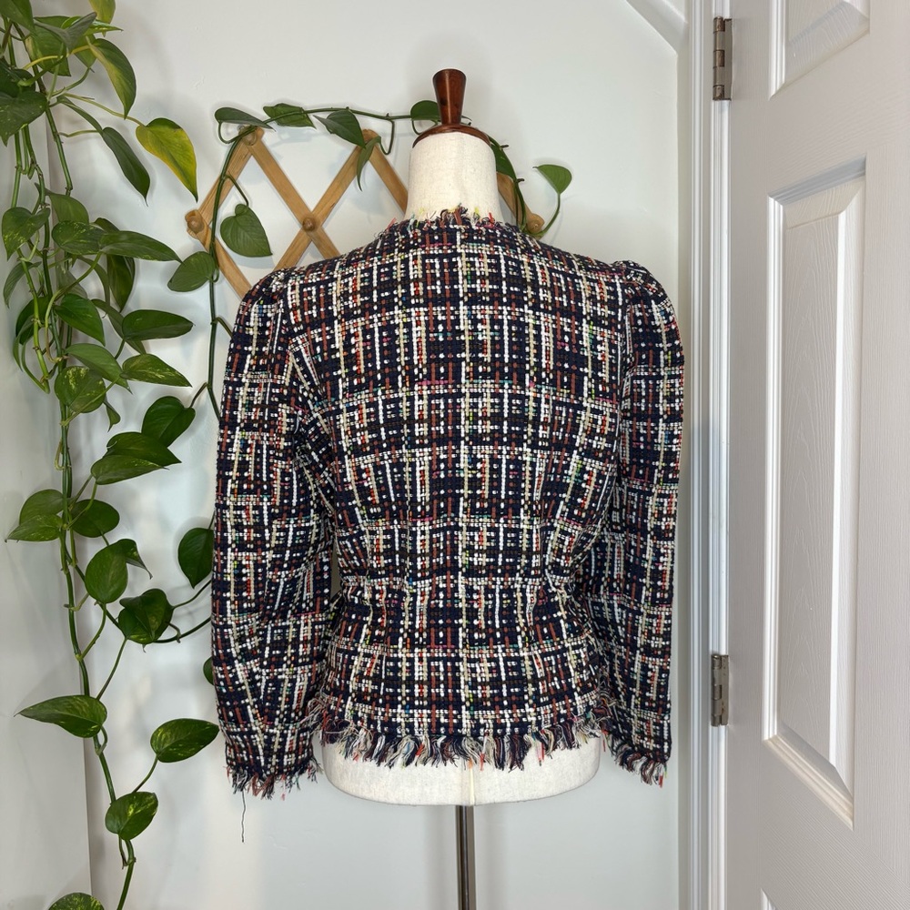 HALOGEN Multi-Color Tweed Fringe Peplum Zip Up Jacket - Picture 5 of 11